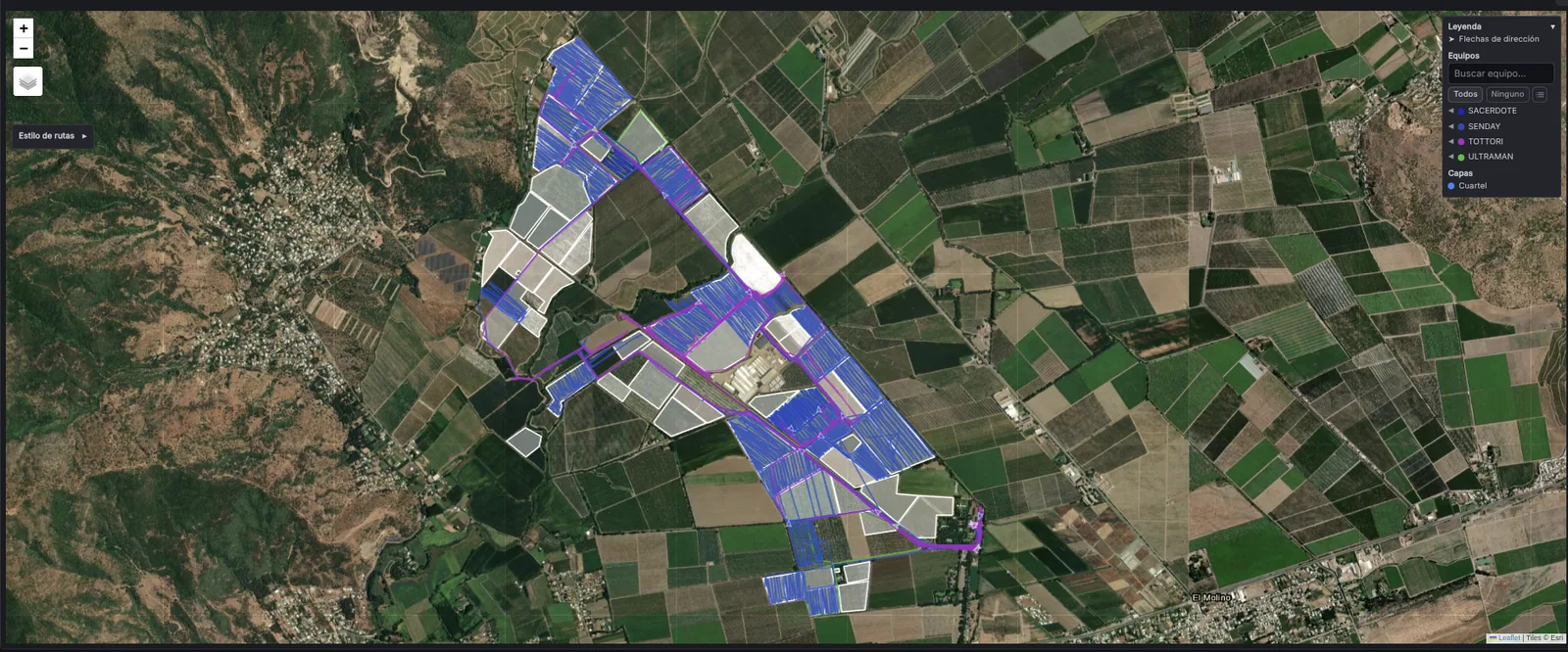 Aplicaciones: mapa satelital con el recorrido GPS de cuatro equipos sobre los cuarteles